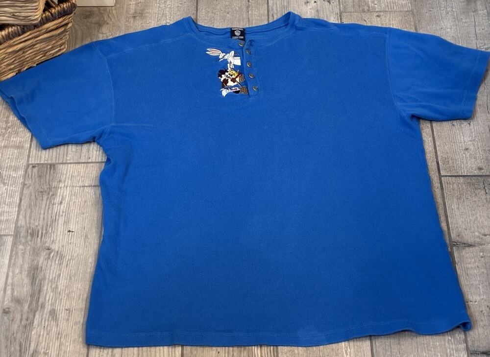 Vtg 90s Looney Tunes Embroidered Henley Shirt XL Blue Bugs Bunny Taz Warner Bros